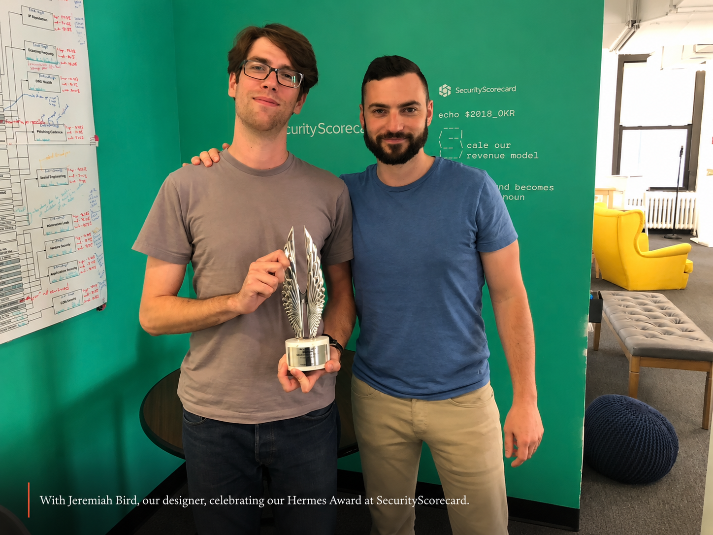 With Jeremiah Bird, our designer, celebrating our Hermes Award at SecurityScorecard.
