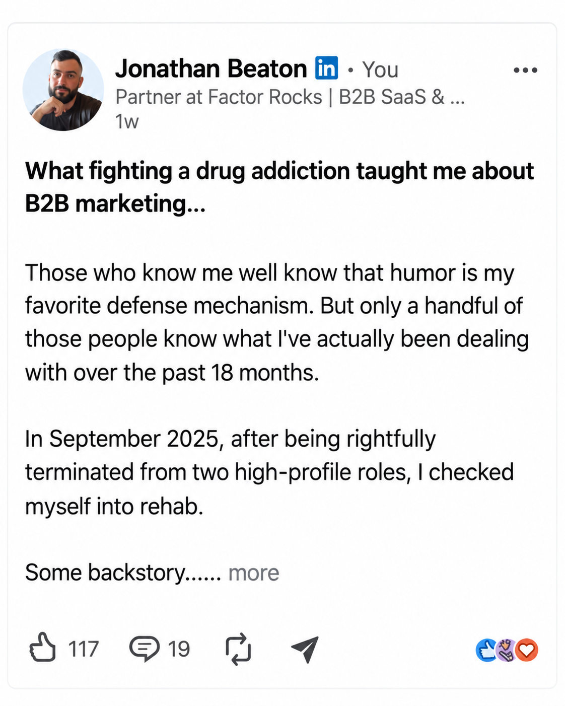 My LinkedIn post: What fighting a drug addiction taught me about B2B marketing.