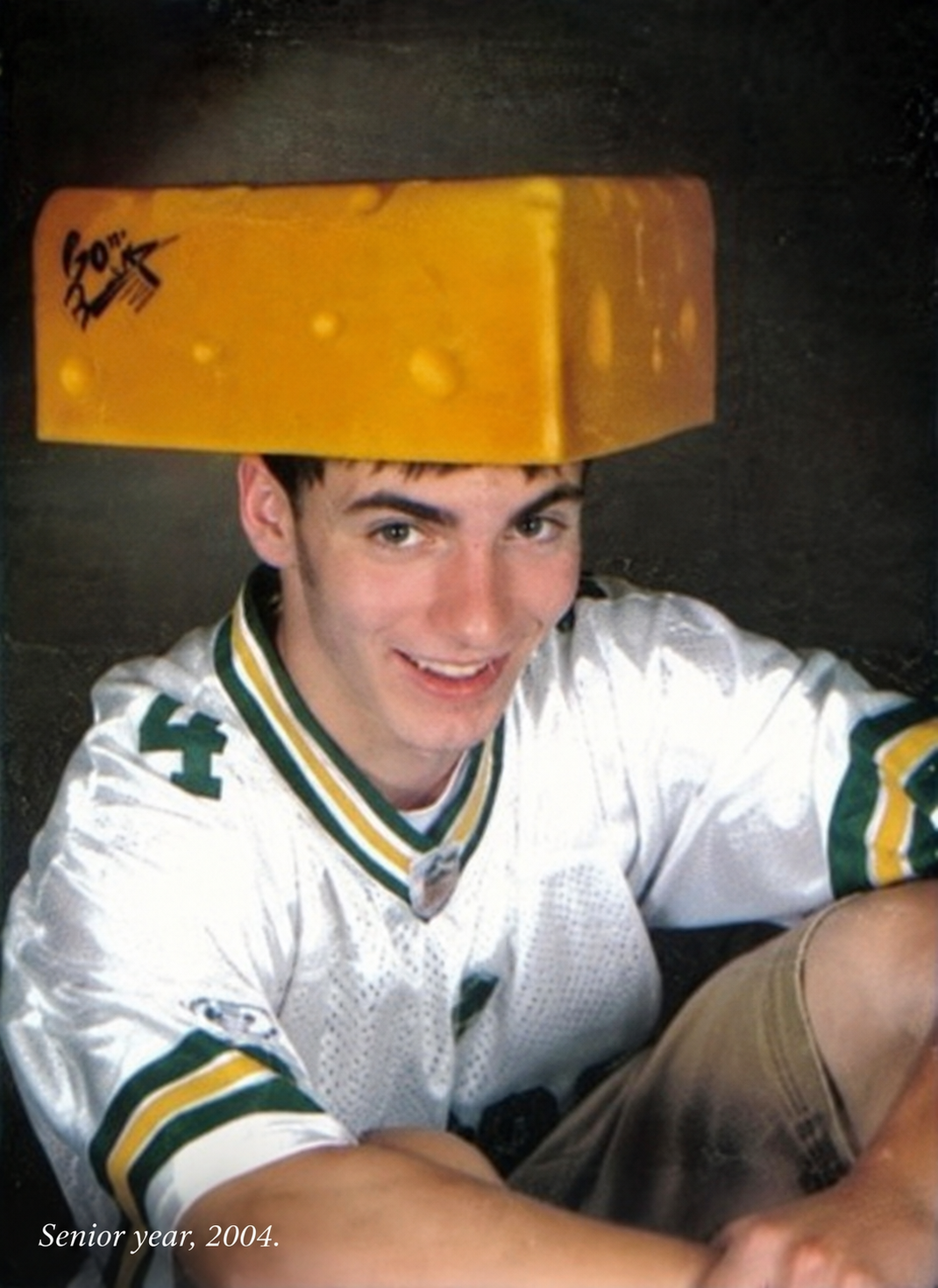 Senior year, 2004 — Packers jersey and cheesehead.